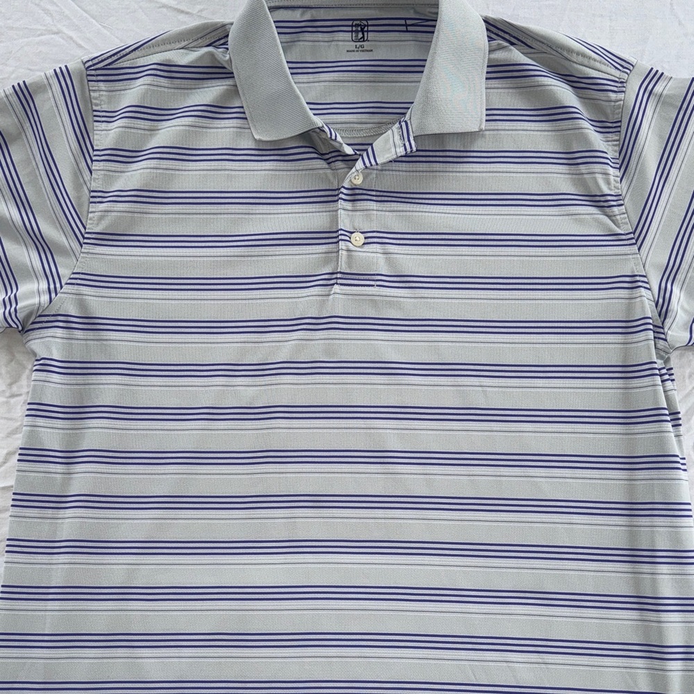 PGA Tour Gray and Blue Striped Polo Shirt